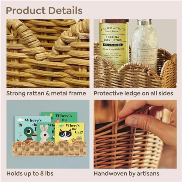 Set of 2 rattan nursery wall shelves wicker floating bookshelf kids room decor - Picture 5 of 7